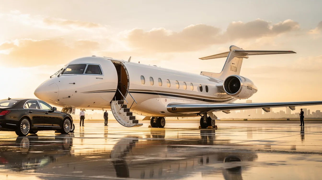 The image depicts a private jet at an airport, showcasing the luxury of private aviation. In the background, TSA officers and airport security personnel are seen conducting screening processes, highlighting the importance of safety and security in air travel.