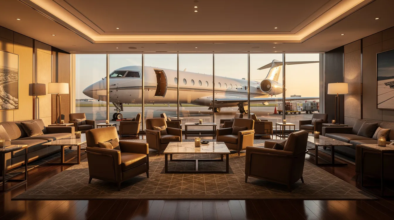 The image depicts a luxurious private jet terminal lounge with floor-to-ceiling windows offering a view of a waiting aircraft outside. The comfortable client spaces are designed for an exceptional customer experience, reflecting the quality associated with best jets international facilities.