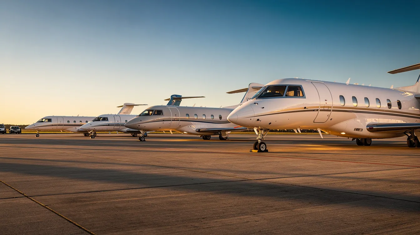 The image depicts several private jets of varying sizes neatly lined up on an airport ramp, showcasing the impressive fleet managed by a leading aircraft management company. These impeccably maintained jets highlight the exceptional customer service and luxury travel options available through best jets international facilities.