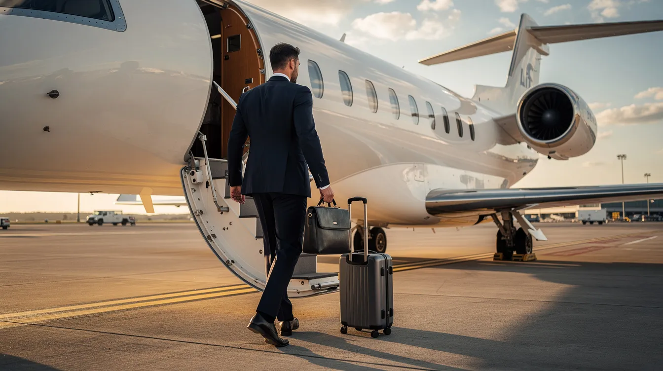 A business traveler in a sharp suit is walking up the stairs to board a luxurious private jet, showcasing the convenience and elegance of private travel. This scene highlights the exceptional customer service and operational excellence offered by the best jets international team at Paul Downtown Airport.
