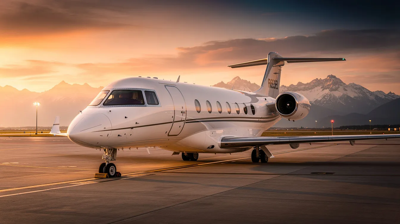 A sleek private jet is parked on a tarmac at sunset, with stunning mountains in the background, showcasing the elegance of the aviation industry. This image highlights the quality airframe and innovative solutions that define the commercial aviation sector, emphasizing the unique needs of operators and clients alike.