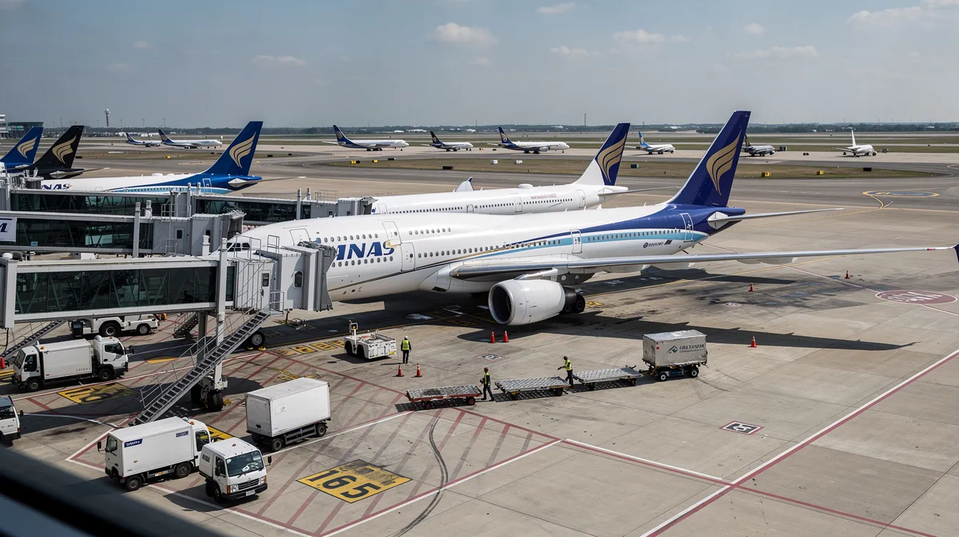 The image shows several commercial airliners parked at a bustling airport gate, with ground crew and avionics equipment actively managing the operations. This scene reflects the dynamic growth of the aviation industry, highlighting the importance of on-site inventory management and quality airframe services to ensure optimal performance for global fleets.