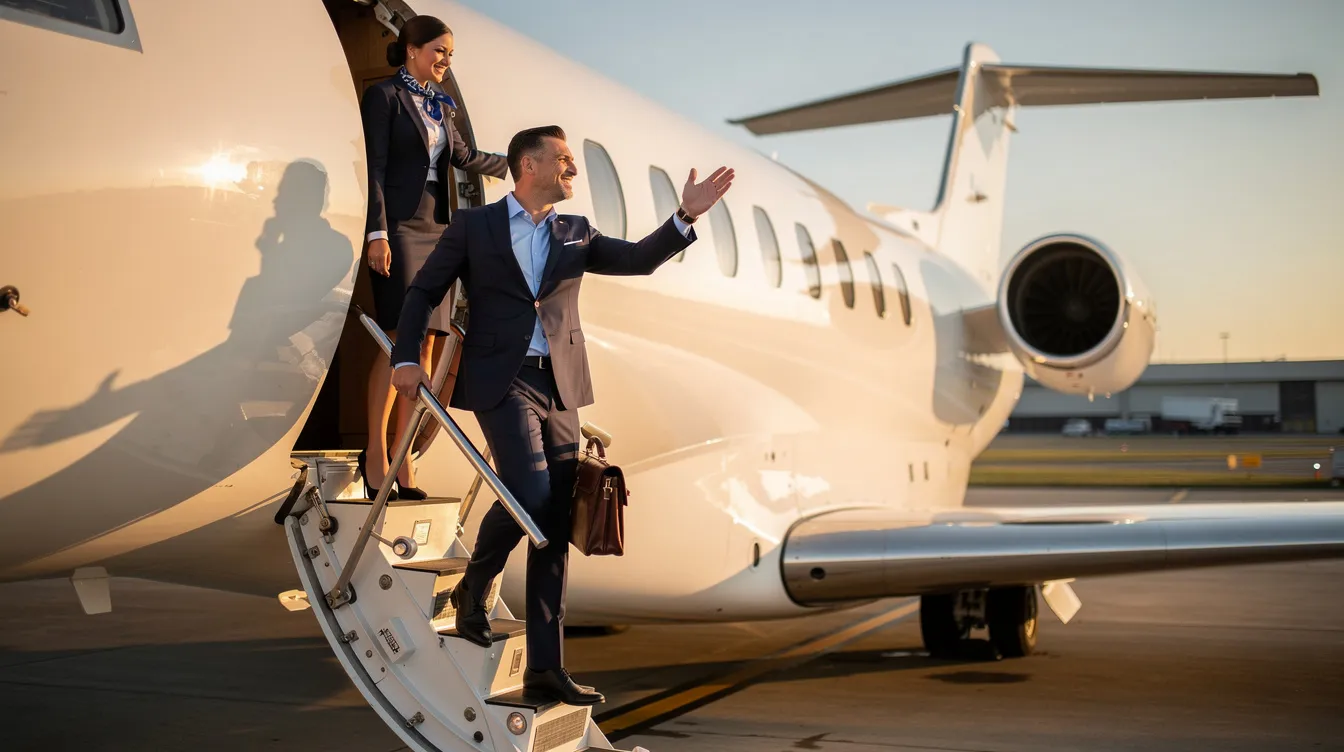 A business traveler in professional attire is stepping aboard a private jet, greeted warmly by a flight attendant at the door. This scene reflects the high-quality services offered by a trusted leader in the aviation industry, ensuring optimal performance and tailored solutions for their clients.