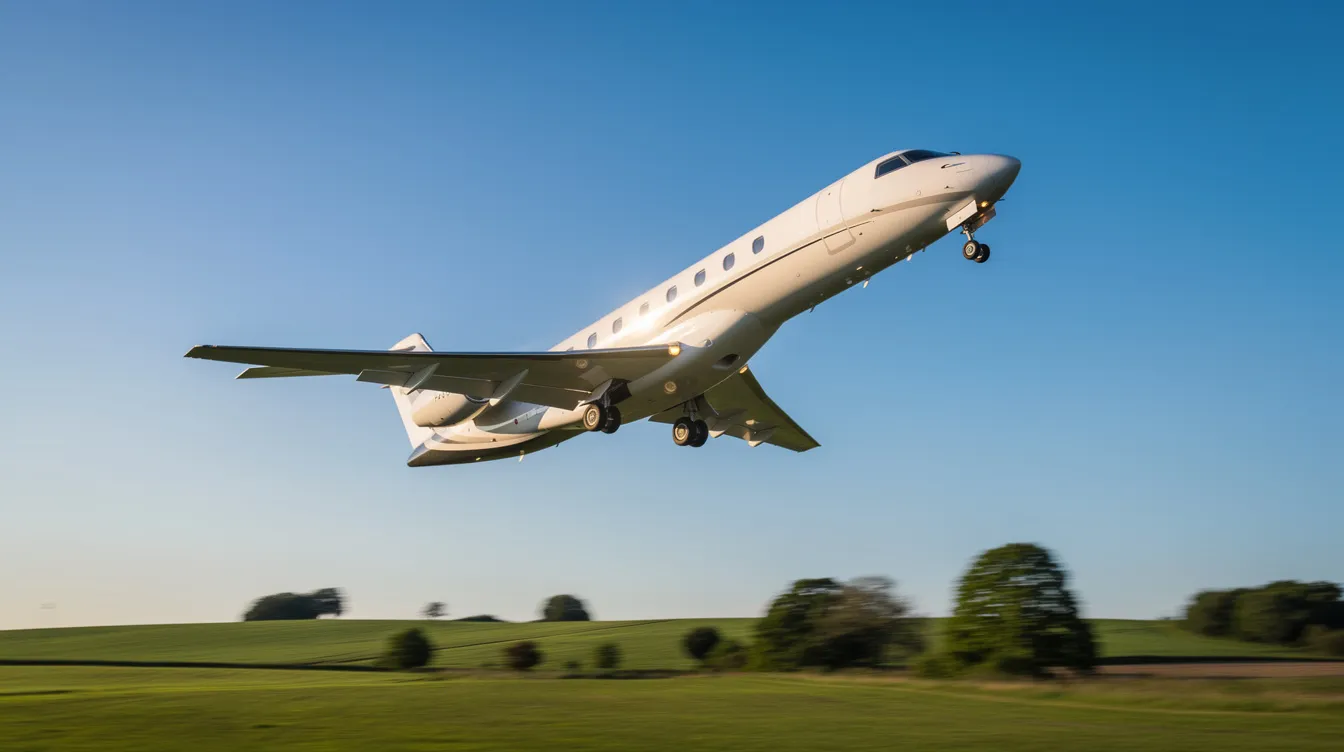 A sleek private jet soars into a clear blue sky, leaving behind a lush green landscape, symbolizing the excellence and innovation of private aviation. This image captures the essence of flight and the commitment to safety and service in the aerospace industry.