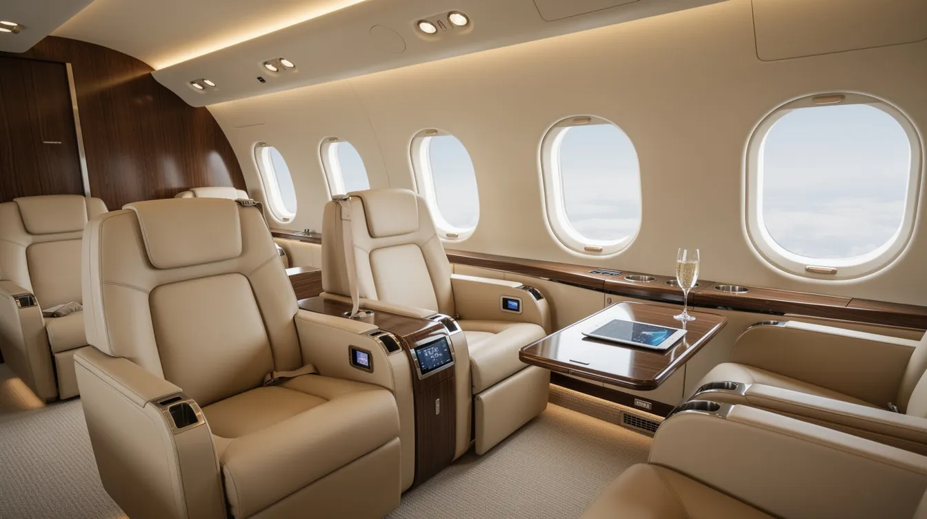 The image showcases the interior of a modern private jet cabin, featuring luxurious leather seating and soft ambient lighting, embodying the essence of private aviation. This elegant space is designed for comfort and service excellence, highlighting the sophistication and innovation of the aviation industry.