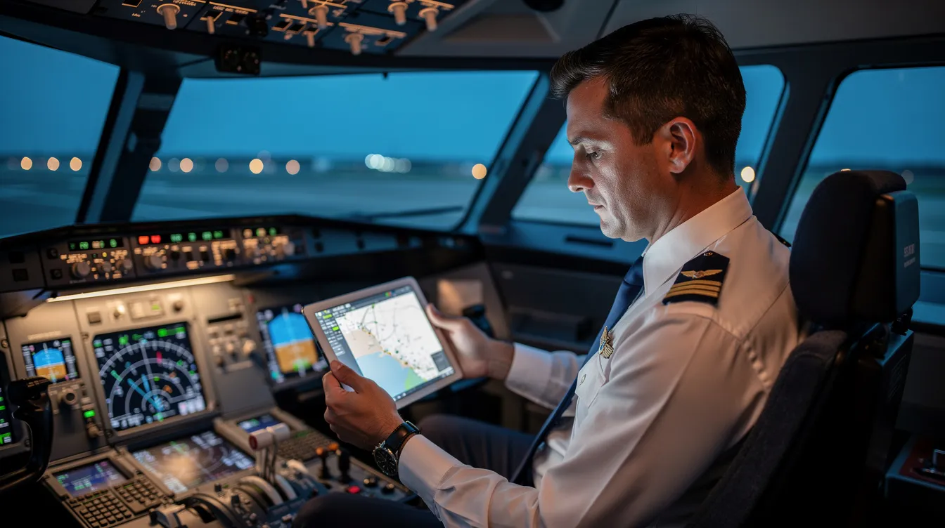 A professional pilot in uniform is intently reviewing a flight plan on a tablet inside a cockpit, showcasing their commitment to safety and operational excellence in private aviation. The cockpit features advanced cabin management systems, emphasizing the pilot's key role in ensuring a smooth flight experience for clients.