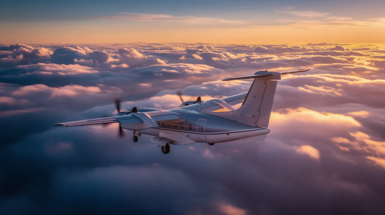 A turboprop aircraft is soaring above a blanket of clouds, illuminated by the warm hues of a sunset, showcasing its high performance and fuel efficiency. This single engine plane is a popular choice in general aviation, often used for personal trips and flight training.