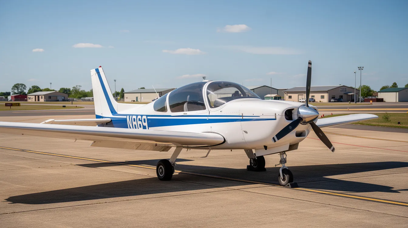 A white and blue single engine aircraft is parked on a sunny tarmac at a small regional airport, showcasing its sleek design and advanced avionics, ideal for flight training. The scene captures the essence of general aviation, perfect for pilots seeking personal trips or training opportunities.