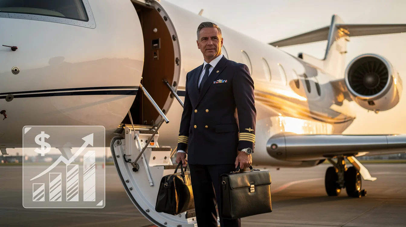 The image depicts a corporate pilot inside a modern airplane cockpit, showcasing the advanced instruments and controls they operate. It highlights the career of corporate pilots, who often earn a six-figure salary, reflecting their experience and qualifications in aviation.
