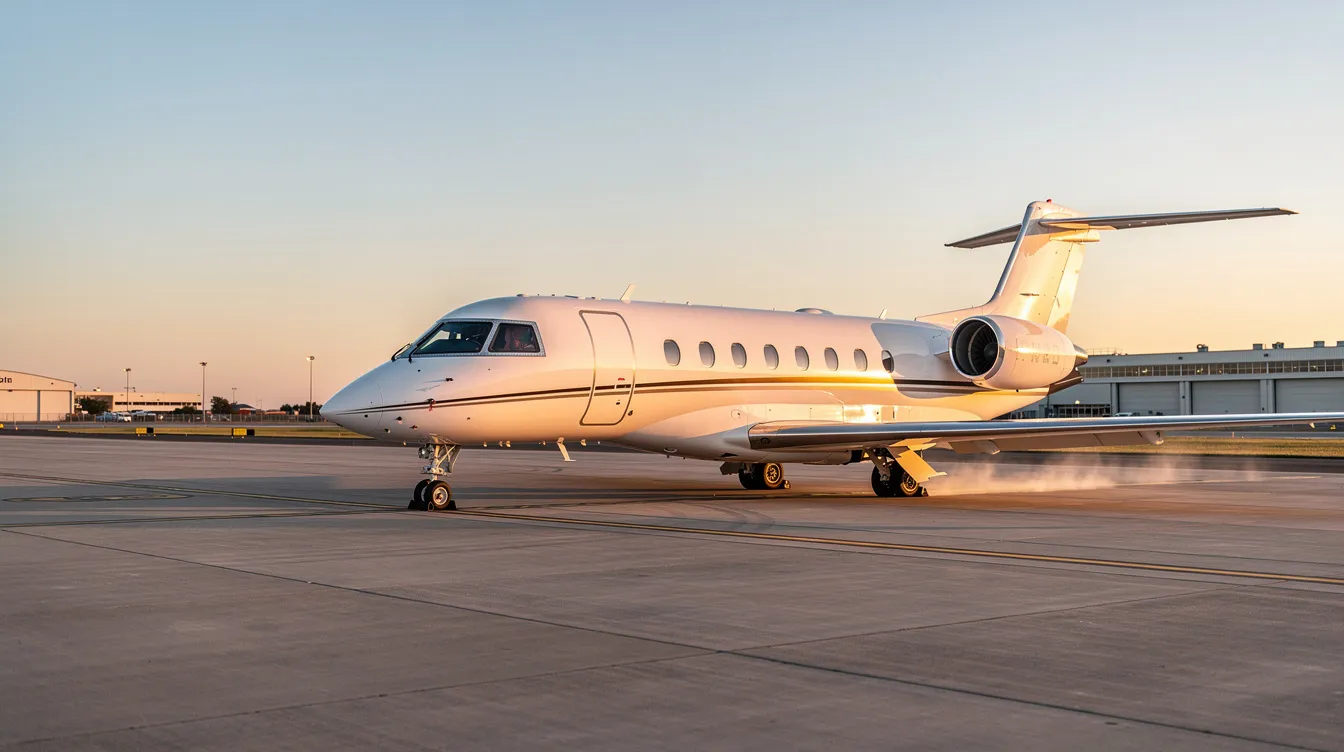 A sleek modern private jet is parked on a tarmac, bathed in the warm glow of golden hour, with a clear blue sky in the background. This luxurious aircraft symbolizes the outstanding service and experience offered by 24 7 Jet Inc., a leader in aircraft management and sales in California.