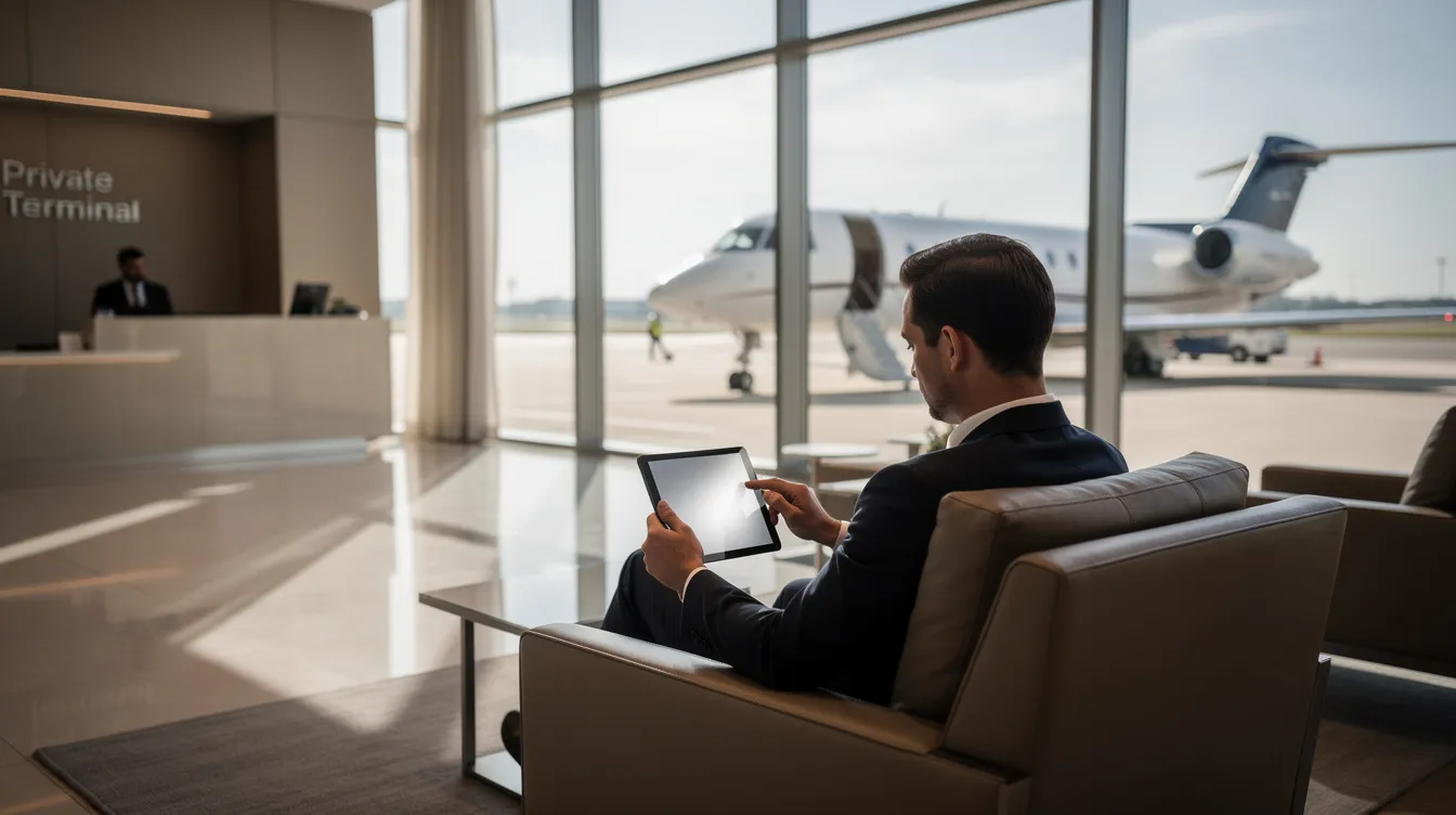 A traveler is seated at a private aviation terminal, intently using a tablet device while a small jet from 24 7 Jet Inc is visible through the window. The scene reflects a blend of business and leisure, showcasing the outstanding service and convenience offered in the aircraft management industry.