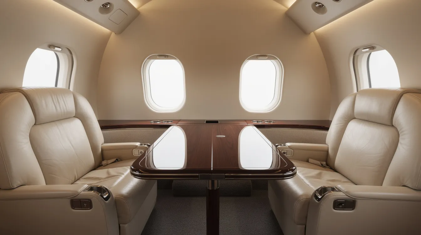The image depicts the interior of a midsize private jet, featuring luxurious leather seats and a polished wood cabin table, highlighting the elegance and comfort provided by 24 7 Jet Inc. This setting is ideal for business meetings or flights, showcasing the outstanding service dedicated to clients in California.