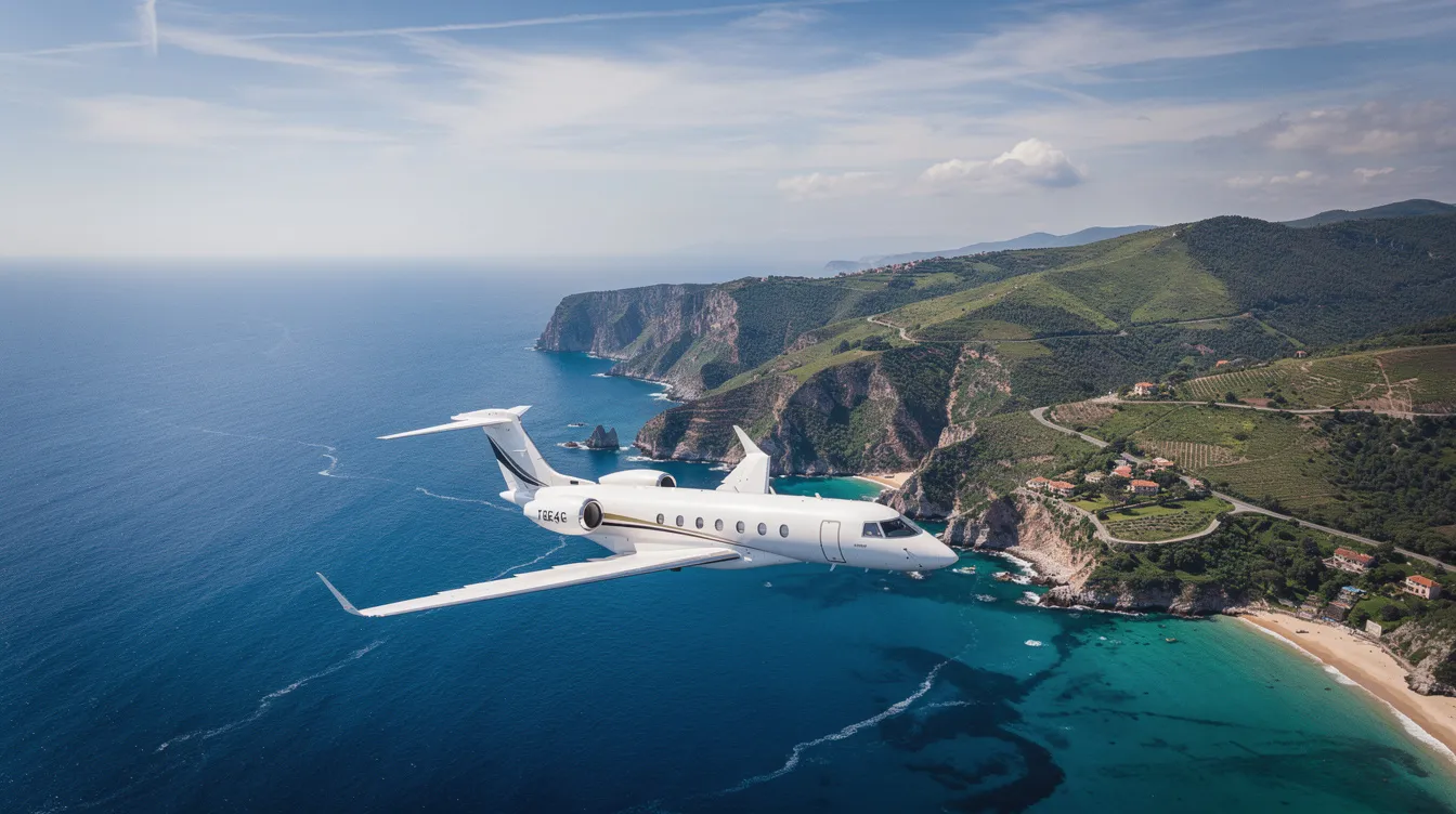 An aerial view captures a sleek private jet soaring over a stunning coastal landscape, showcasing the vibrant blue ocean and lush green hills below. This image reflects the luxury and elegance associated with 24 7 Jet Inc, a leader in aircraft sales and management dedicated to providing outstanding service to clients in California.