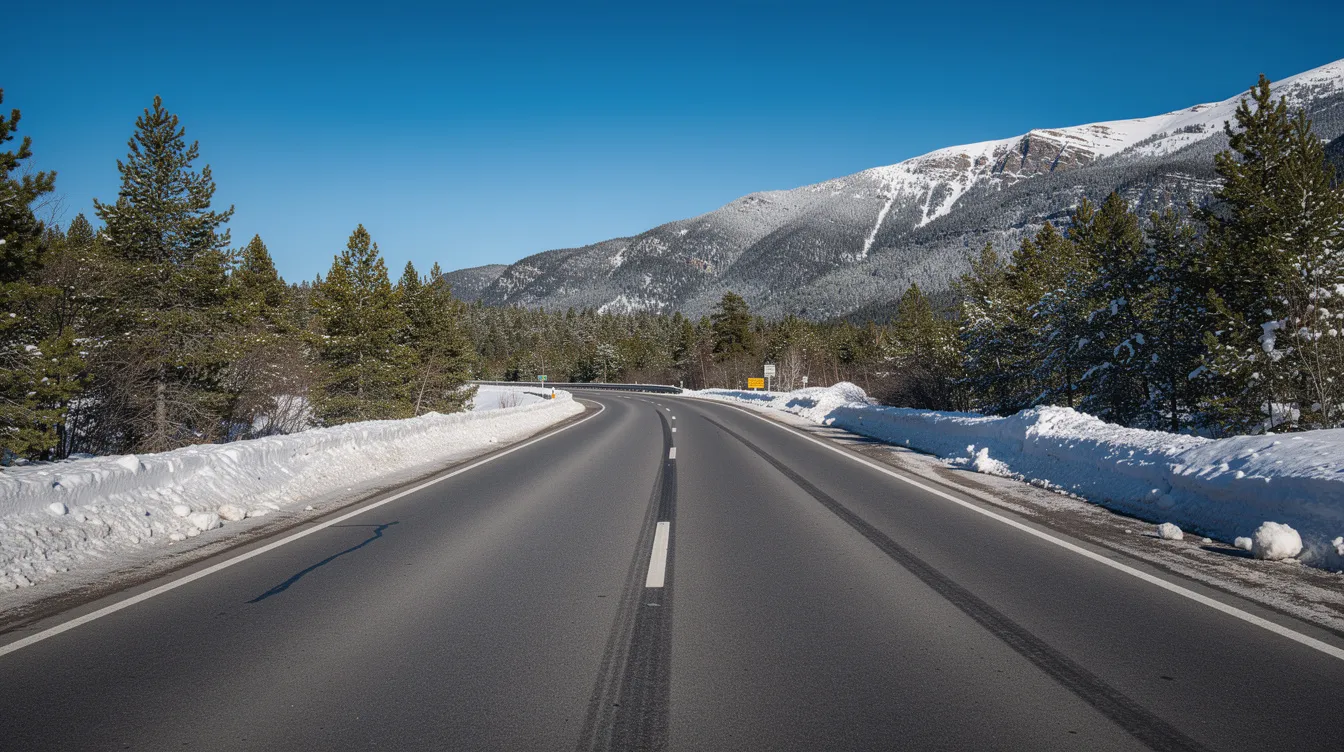 A scenic mountain highway stretches through the Sierra Nevada, lined with snow-covered pine trees and a clear blue sky overhead. This picturesque route is perfect for travelers planning a road trip from Carson City to San Francisco, offering breathtaking views along the way.