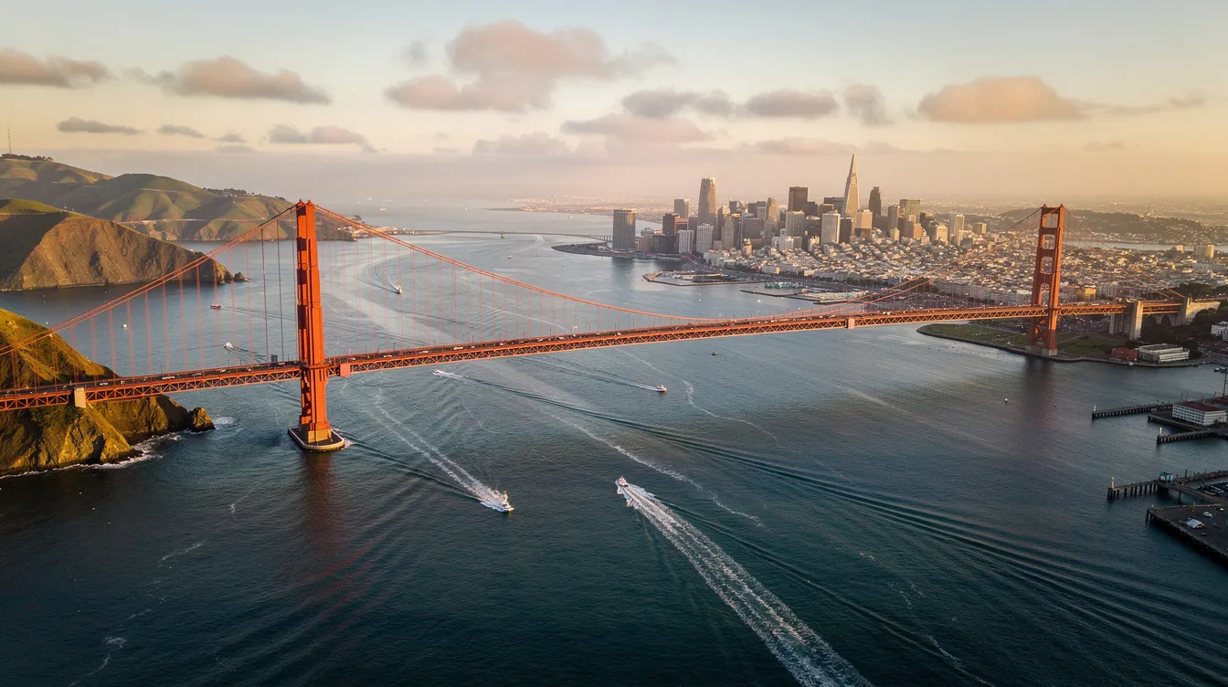 An aerial view captures the stunning San Francisco Bay, showcasing the iconic Golden Gate Bridge and the bustling city skyline bathed in warm afternoon light. This picturesque scene highlights San Francisco as a must-visit destination, with the Sierra Nevada mountains visible in the distance.