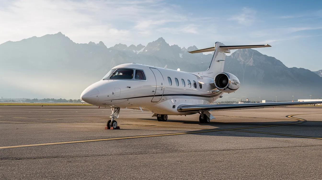 A small private jet is parked on the airport tarmac, with the stunning Sierra Nevada mountains visible in the distance, creating a picturesque scene ideal for travelers heading from Carson City to San Francisco. The location evokes a sense of adventure and luxury, perfect for those planning their next trip.