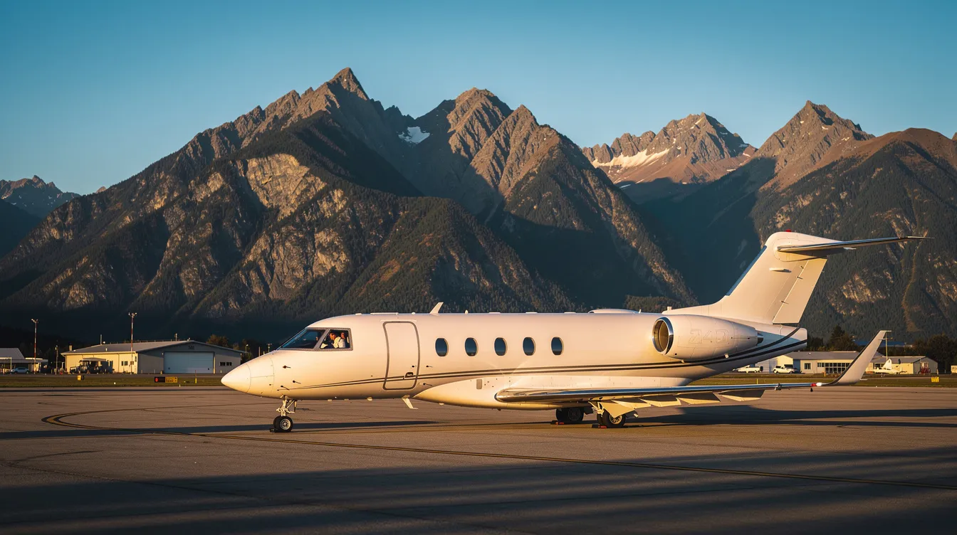 A private jet is parked on the tarmac at a small airport, with majestic mountains rising in the background under clear blue skies. This serene setting is perfect for travelers looking for a stress-free ride to their next trip, whether flying from Los Angeles or heading towards Carson City.