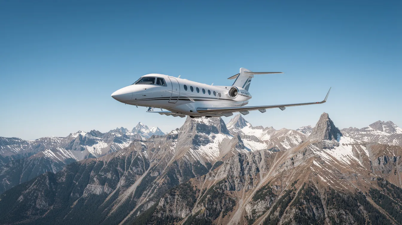 A small private jet soars above rugged mountainous terrain under a clear blue sky, symbolizing the freedom of travel from locations like Los Angeles International Airport to destinations such as Carson City. This picturesque flight offers a stress-free ride, perfect for those seeking adventure in the great outdoors.