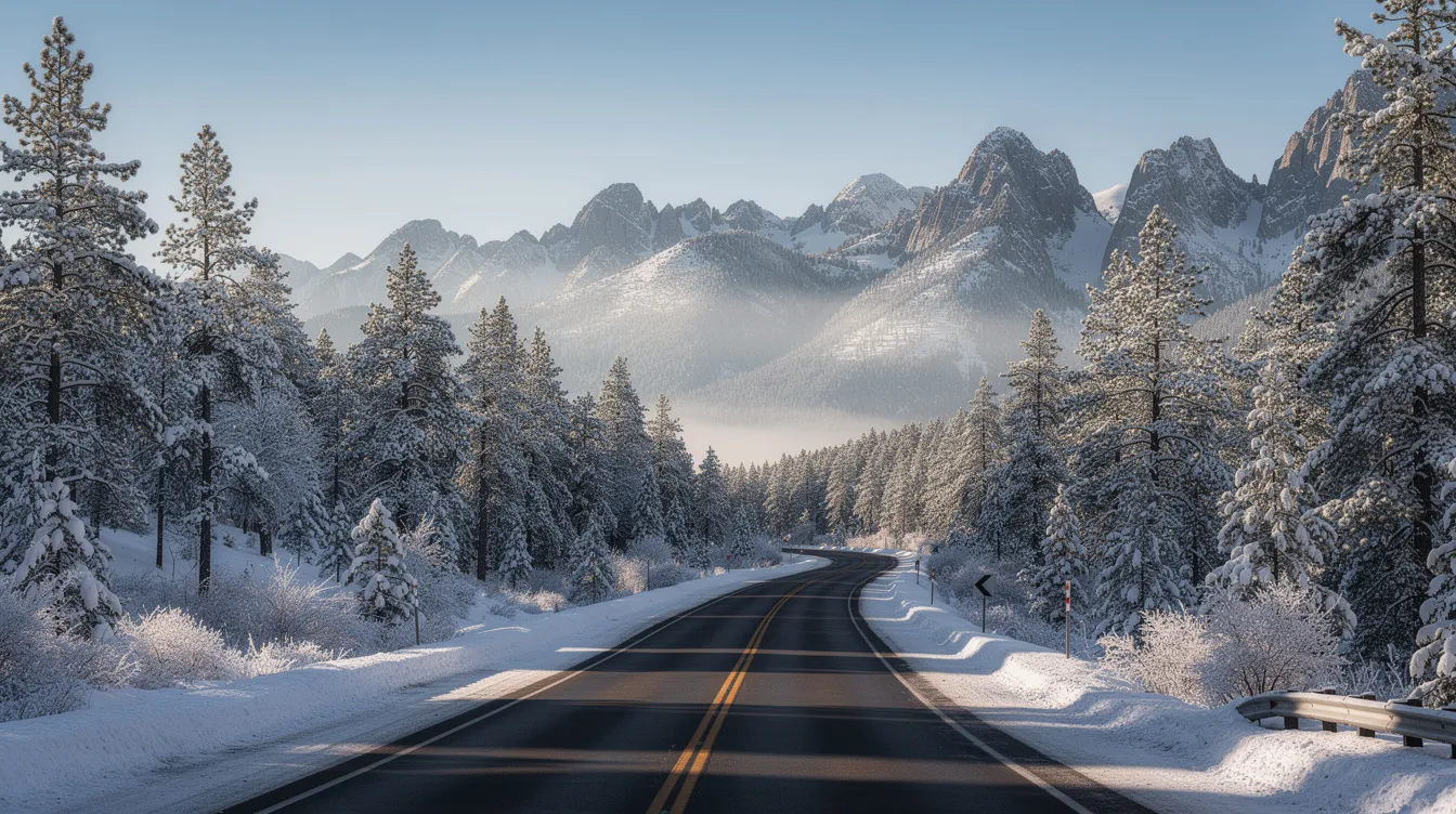 The image depicts a winding highway cutting through the snow-covered Sierra Nevada mountains, flanked by tall pine trees on both sides, creating a picturesque winter landscape. This scenic route is perfect for travelers heading towards destinations like Carson City or exploring the beauty of California's mountains.