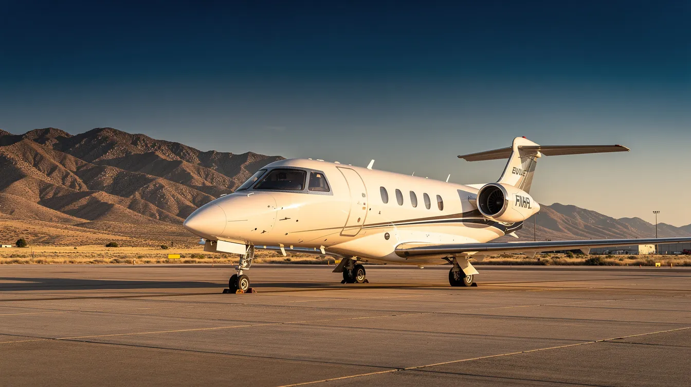 A small private jet is parked on a tarmac, set against a backdrop of dry mountain landscapes and a clear blue sky. This scene captures the essence of travel in Nevada, with the Sierra Nevada mountains visible in the distance, making it a perfect starting point for trips from Carson City to Las Vegas.