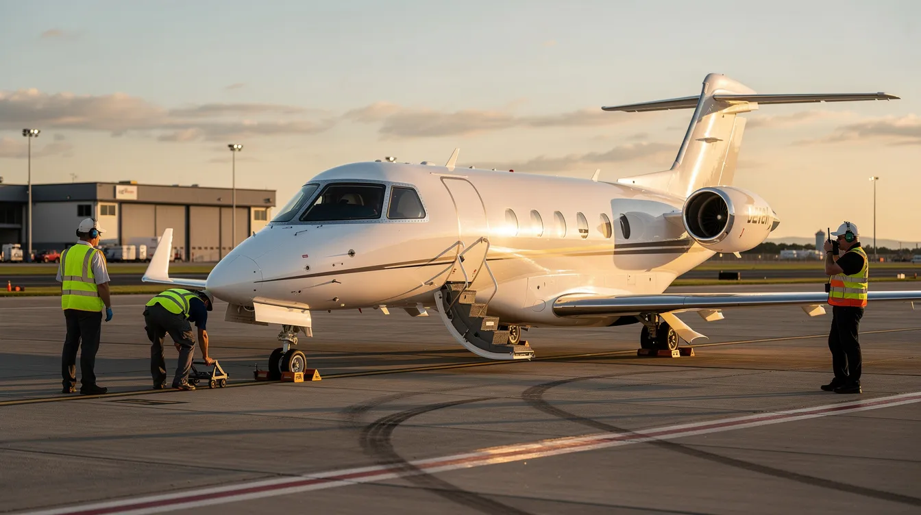 A small private jet is parked on the tarmac of an airfield, with ground crew members nearby preparing for the next trip. This scene captures the essence of transport in Southern California, showcasing the convenience of air travel in busy areas like Ontario, CA, and Carson.