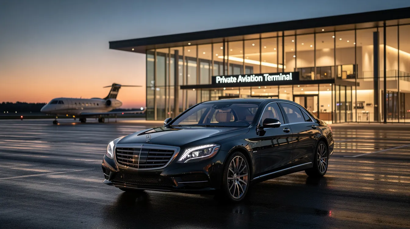 A luxury sedan is parked outside a sleek private aviation terminal building, showcasing the upscale travel options available in Southern California. This location, near Ontario CA, serves as a gateway for travelers planning their next trip, emphasizing the convenience of transport to popular routes in the area.
