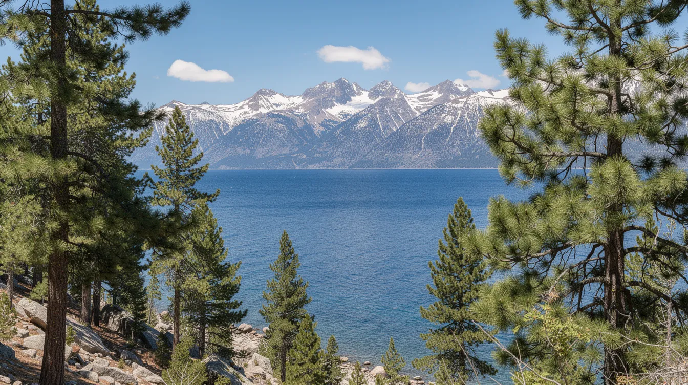 The image depicts a serene view of Lake Tahoe, framed by tall pine trees in the foreground, while majestic snow-capped mountains rise in the background, showcasing the natural beauty of the Sierra Nevada region. This picturesque landscape is a perfect destination for travelers looking to explore the outdoors on their next trip from Carson City to Las Vegas.