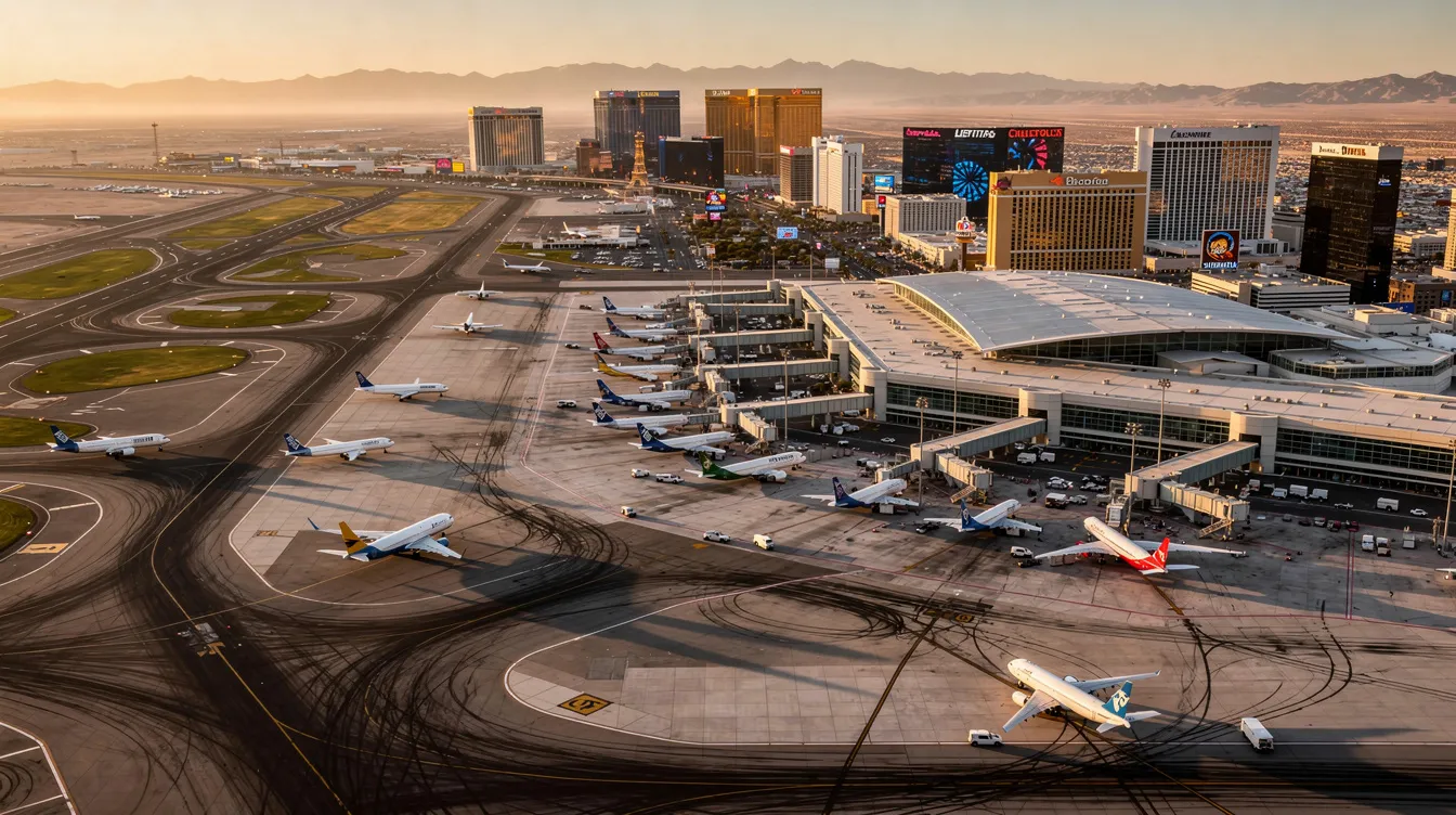 An aerial view captures a busy airport with multiple runways and terminals, while the iconic Las Vegas skyline rises in the background. This bustling scene highlights the connectivity of flights from Carson City to Las Vegas, showcasing the vibrant atmosphere of travel in Nevada.