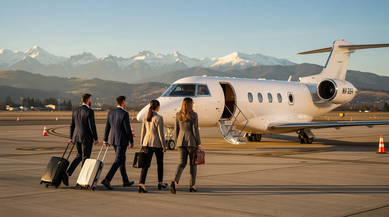 A group of business professionals is walking toward a small private jet at a regional airport, set against a backdrop of majestic mountains. This scene highlights the convenience and luxury of air travel, particularly for those utilizing charter airlines for their business journeys.
