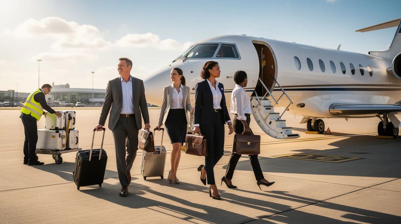 A group of business travelers walks across a sunlit tarmac towards a waiting midsize private jet, as luggage is being loaded onto the aircraft. This scene captures the essence of corporate travel, highlighting the seamless connectivity and operational excellence that charter companies provide for their customers.