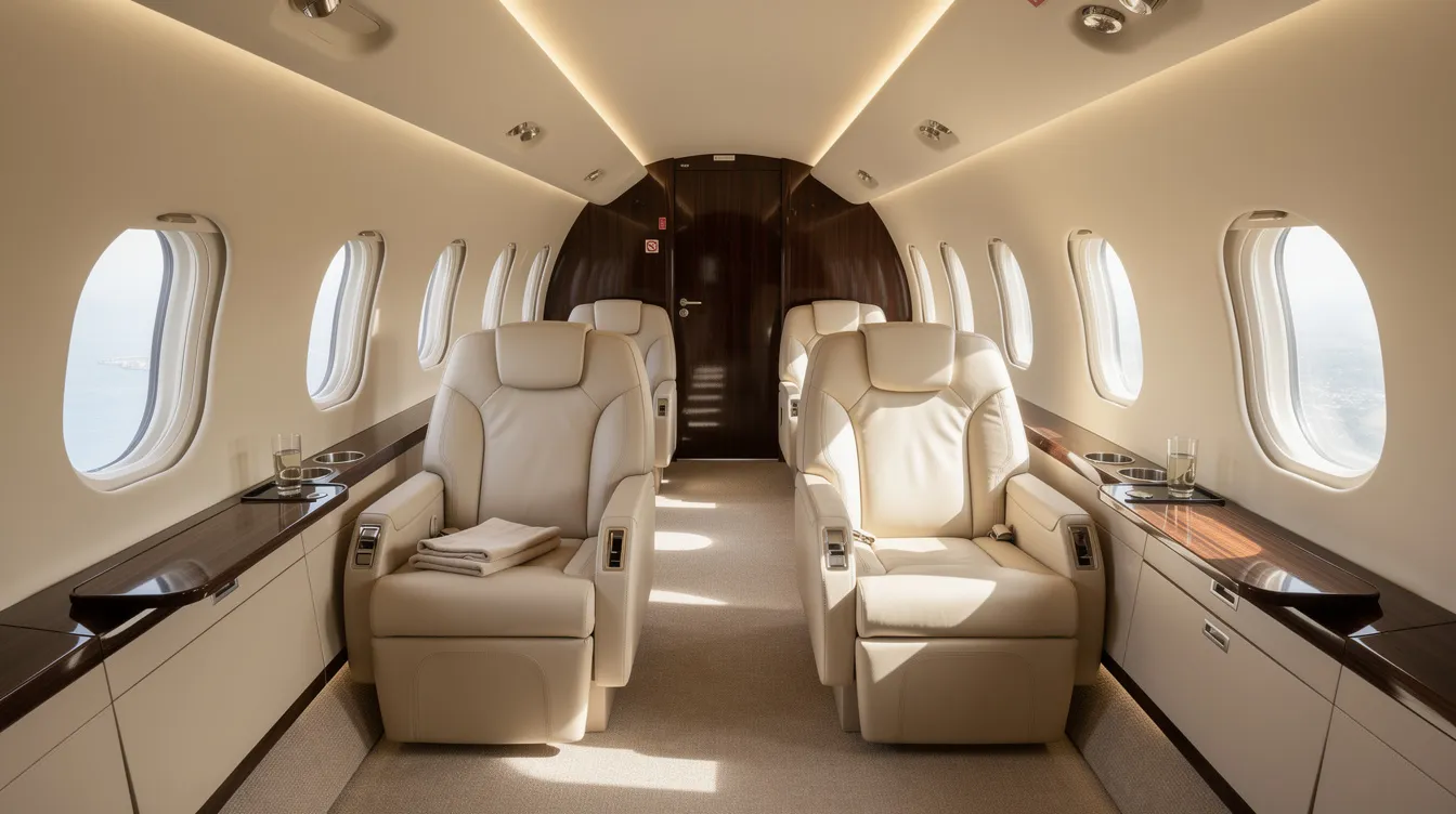 The image depicts the interior of a modern private jet cabin, featuring cream leather seats and abundant natural light streaming through oval windows, creating a luxurious and inviting atmosphere. This elegant space is designed for seamless connectivity and comfort, ideal for passengers embarking on a journey with unlimited possibilities.