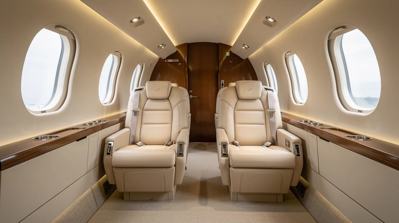 The image depicts the interior of a luxurious private jet cabin featuring cream leather seats arranged in a club configuration, complemented by large windows that offer ample natural light. This elegant setting is ideal for private jet travel, providing a seamless travel experience for passengers seeking comfort and style during their journey.