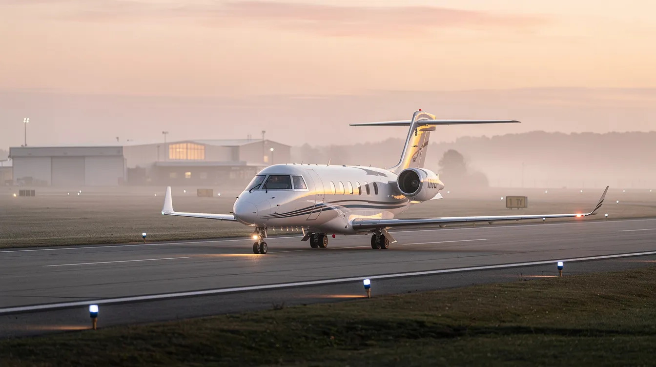 A small private jet is taxiing on a quiet regional airport runway at dawn, showcasing the convenience of private jet travel for charter flights. The serene early morning light highlights the aircraft's sleek design, emphasizing the efficiency and luxury associated with private jet charter services.