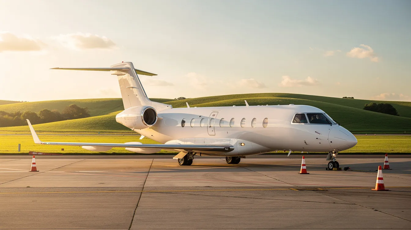 A midsize private jet is parked on the tarmac of Cincinnati Municipal Lunken Airport, with lush rolling green hills visible in the background. This scene highlights the private jet charter experience, ideal for discerning travelers seeking comfort and convenience away from commercial flights.