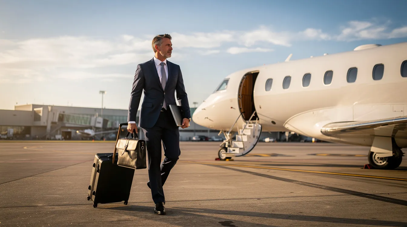 A business traveler dressed in professional attire is walking towards a sleek white private jet on a sunny tarmac at Cincinnati Municipal Lunken Airport. The scene captures the essence of private jet charters, highlighting the convenience and luxury of private flights for discerning travelers.