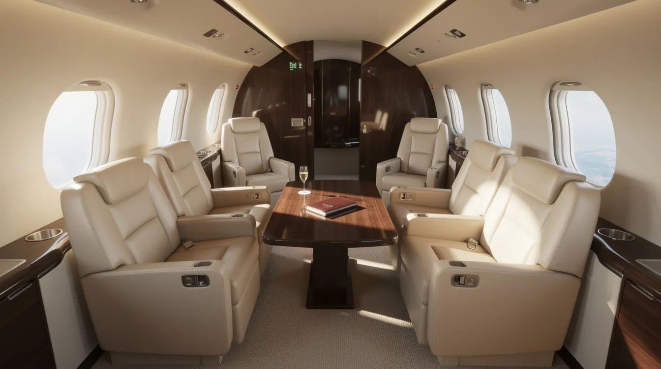 The image depicts the interior of a luxurious private jet cabin featuring plush leather seats arranged in a club configuration, with natural light flooding in through elegant oval windows. This setting exemplifies the high level of comfort and service associated with private aviation, providing an enjoyable atmosphere for travelers on their journey.