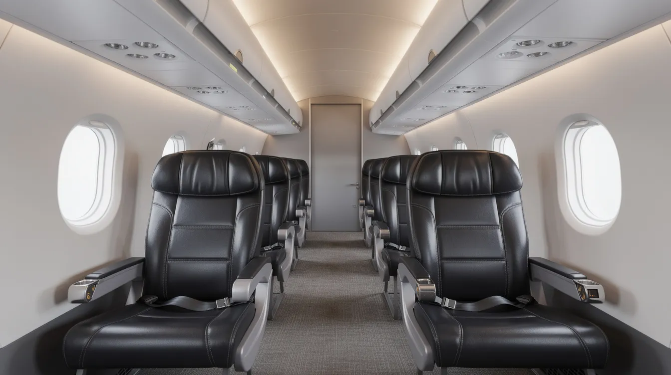 The image shows the interior of a commercial aircraft cabin featuring rows of comfortable leather seats, overhead bins, and soft ambient lighting, creating a welcoming atmosphere for passengers. This setting is ideal for leisure travelers flying with Allegiant Air, which operates nonstop flights to various destinations, including Las Vegas.