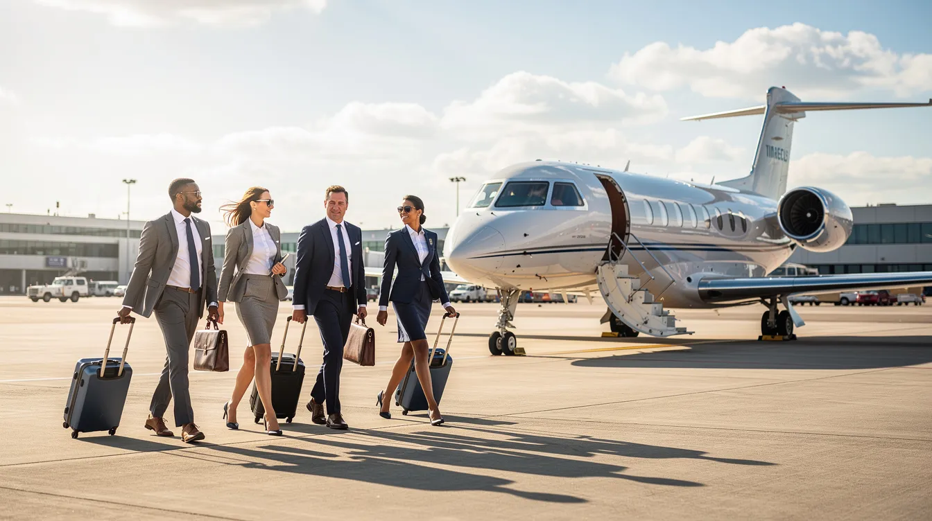A group of business professionals is walking across an airport tarmac toward an Allegiant aircraft under a bright sky, showcasing the travel experience offered by the airline that operates nonstop flights. The scene captures the convenience of charter flights and the anticipation of passengers ready to embark on their journey.