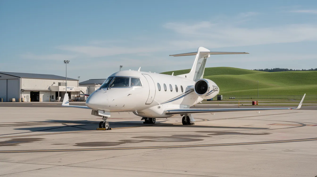 A small private jet is parked on a general aviation ramp, with rolling green hills visible in the distance, providing a serene backdrop for leisure travelers. This scene captures the essence of private charter flights, offering a superior travel experience away from the hustle of larger airports.
