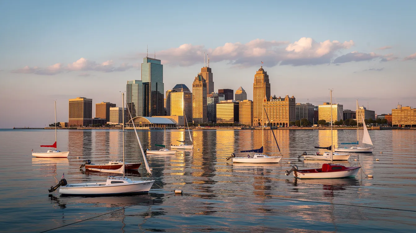 The image depicts the Milwaukee skyline as seen from across Lake Michigan, with several boats leisurely floating in the foreground. This scenic view highlights the city's modern architecture and is a perfect representation of popular destinations in Wisconsin, ideal for those considering private jet charter flights for their next trip.