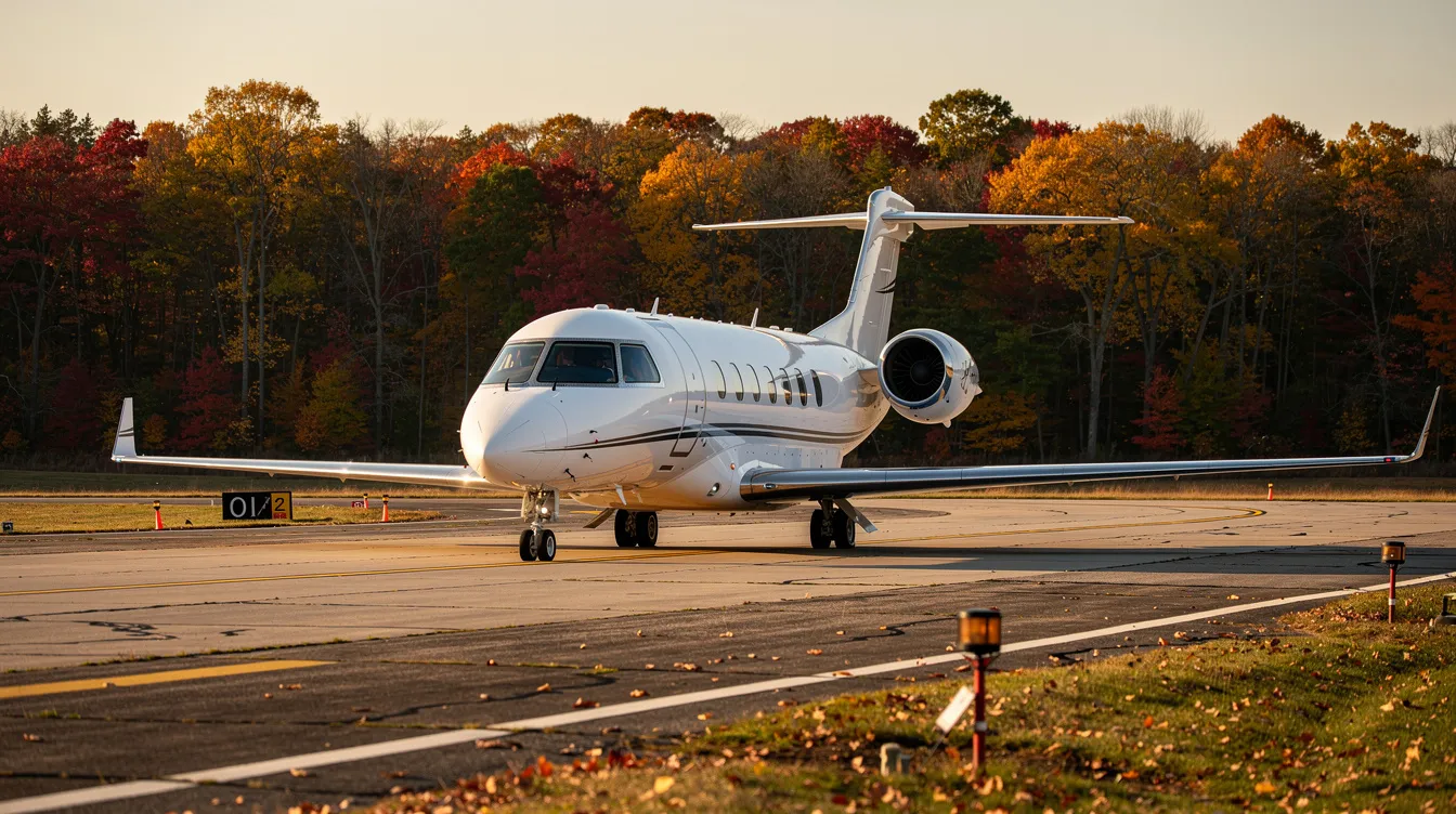A small private jet is parked on a regional airstrip, surrounded by vibrant autumn-colored trees, suggesting a peaceful setting for travelers. This scene highlights the convenience and comfort of private jet charter flights in Wisconsin, perfect for those planning their next trip to popular destinations like Madison or Chicago.