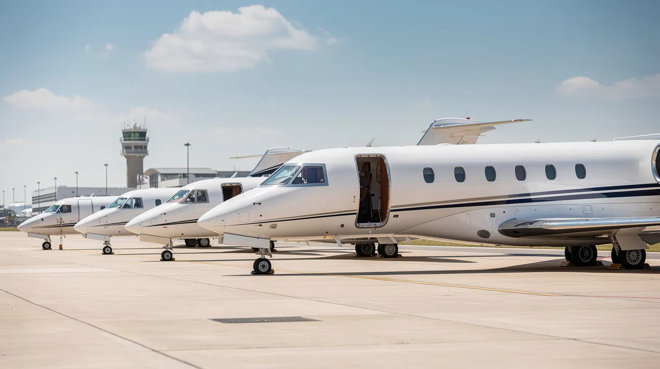 A row of various-sized private jets is parked on a sunny airport tarmac, showcasing different aircraft types ideal for long haul flights. The scene captures the hustle of busy airports, emphasizing the luxurious options available for travelers planning complex journeys.