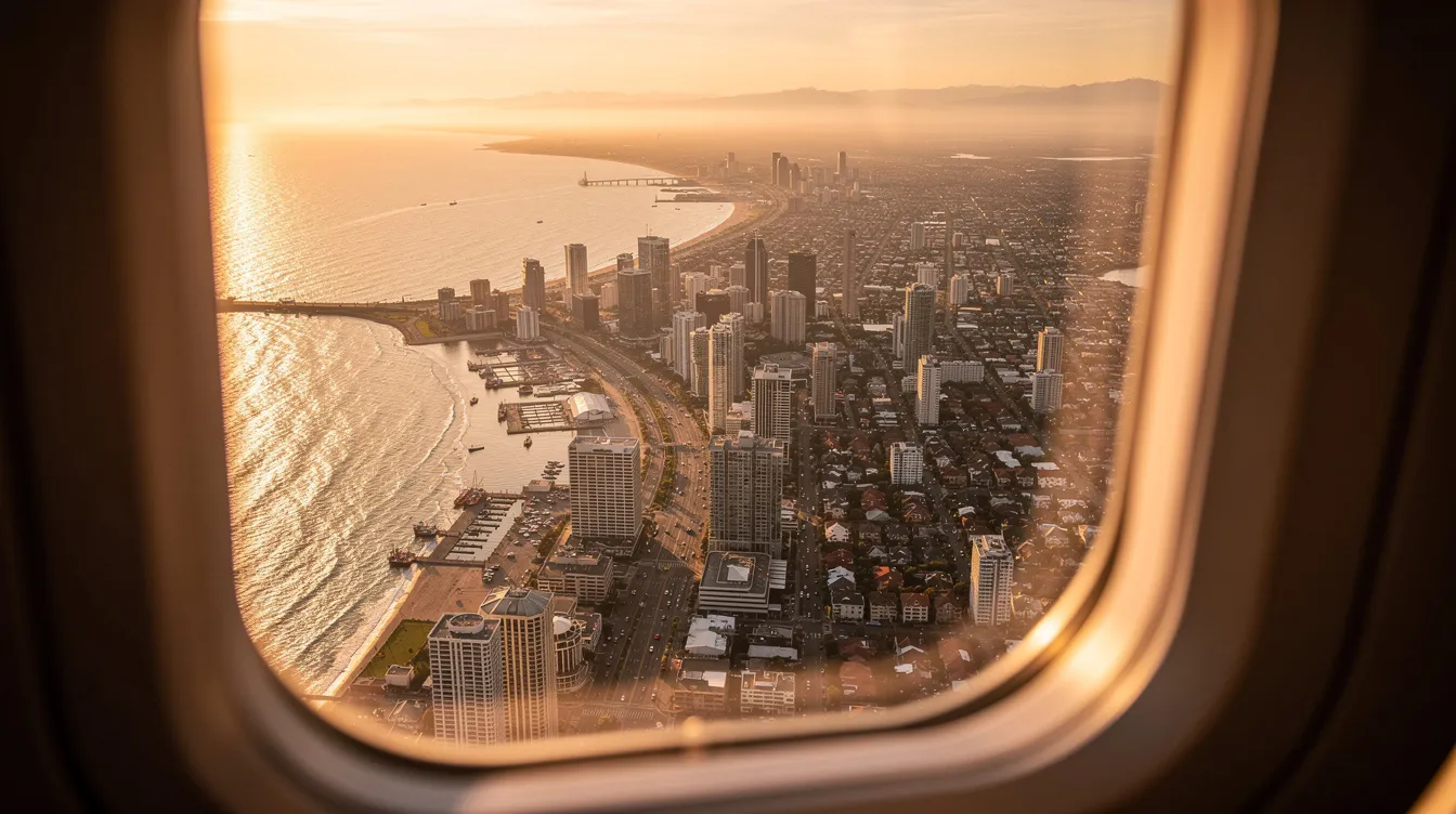 An aerial view of a coastal city captured from an airplane window during the golden hour, showcasing the shimmering waters and cityscape bathed in warm light, perfect for travelers planning long haul flights or estimating flight times to popular destinations like Los Angeles and New York. The scene reflects the beauty of flight paths over busy airports, highlighting the allure of complex journeys.