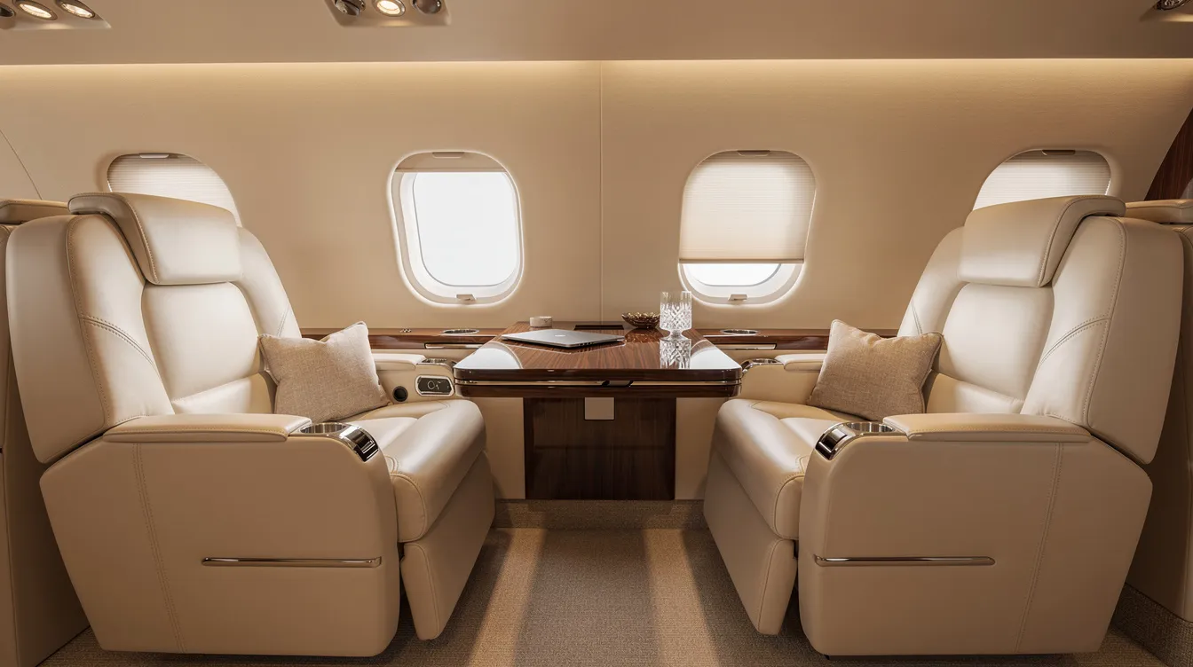 The image depicts the interior of a midsize private jet cabin featuring cream leather seats arranged to face each other, with a polished wood table positioned between them, creating an elegant and spacious atmosphere for passengers. The design emphasizes comfort and luxury, similar to what one might expect in a modern aircraft like the southwest airlines fleet.