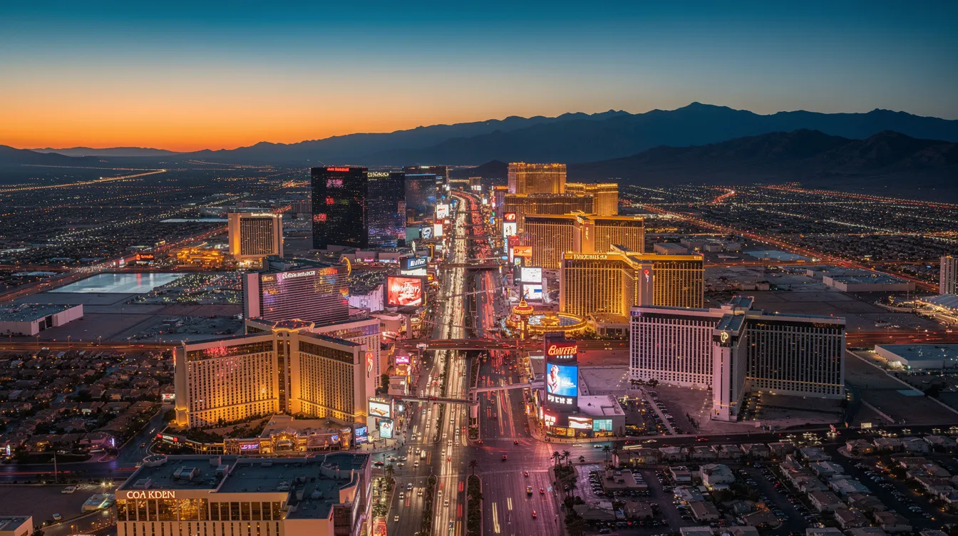 An aerial view of the Las Vegas Strip at dusk showcases the vibrant city lights against the backdrop of desert mountains, creating a stunning contrast. The scene captures the essence of Las Vegas, a bustling hub of entertainment and nightlife.