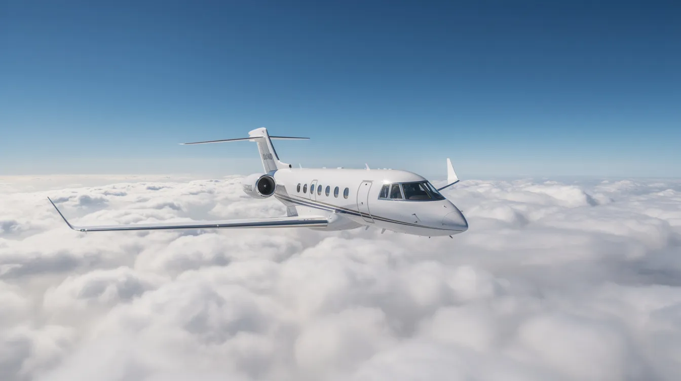A light private jet soars above fluffy white clouds against a backdrop of a clear blue sky, symbolizing the freedom and luxury of private jet travel. This image captures the essence of private aviation, showcasing the sleek design of the aircraft as it embarks on a journey, highlighting the convenience and efficiency of private jet charters.