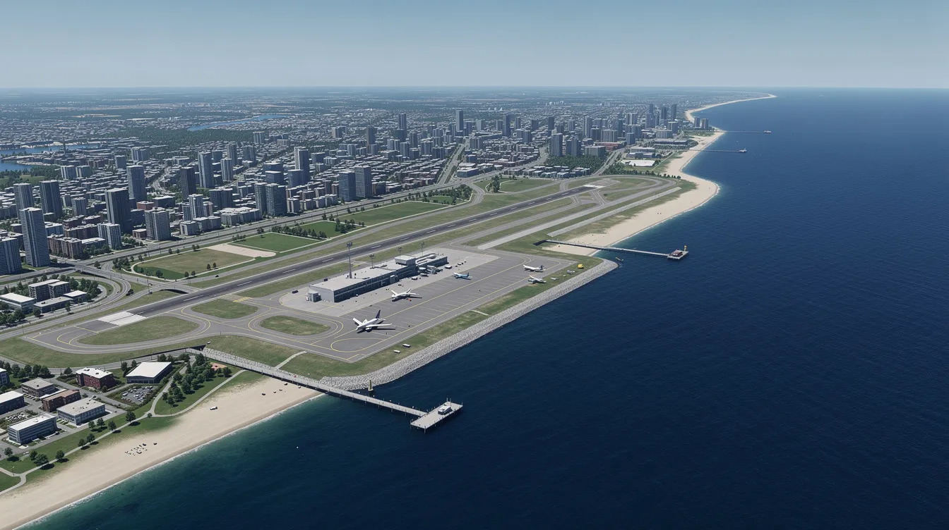 An aerial view showcases a vibrant coastal city with a small airport situated near the shoreline, ideal for private jet travel. The scene highlights the perfect departure and arrival points for private jet charters, emphasizing the convenience of private aviation for travelers seeking flexible flight times.