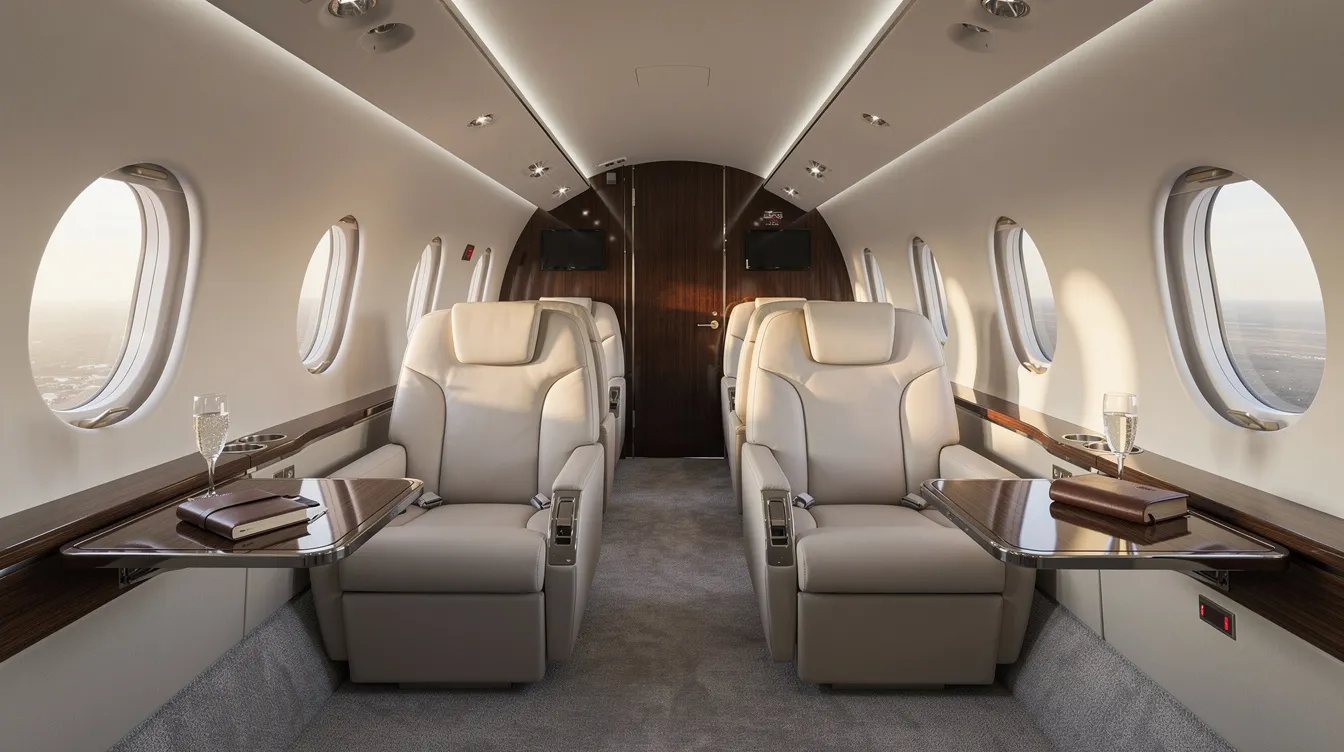 The image depicts the interior of a midsize private jet cabin, featuring luxurious leather seats bathed in natural light. This elegant space is designed for comfortable flights, ideal for family trips or business routes with colleagues, enhancing the travel experience for any moment.