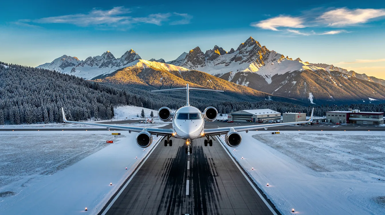A private jet is approaching for landing at a mountain airport, with stunning snow-capped peaks visible in the background, showcasing the scenic beauty of this international location. This moment captures the essence of luxury flights, making travel easy for families and friends alike.