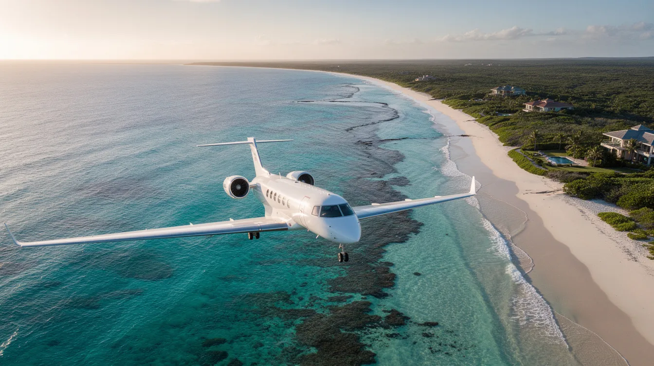 An aerial view captures a private jet soaring over a stunning turquoise coastline, showcasing the beauty of international flights and the luxury of travel with NetJets. The scene highlights the serene moment as the aircraft glides effortlessly above the sparkling waters, symbolizing an easy escape for families and friends alike.